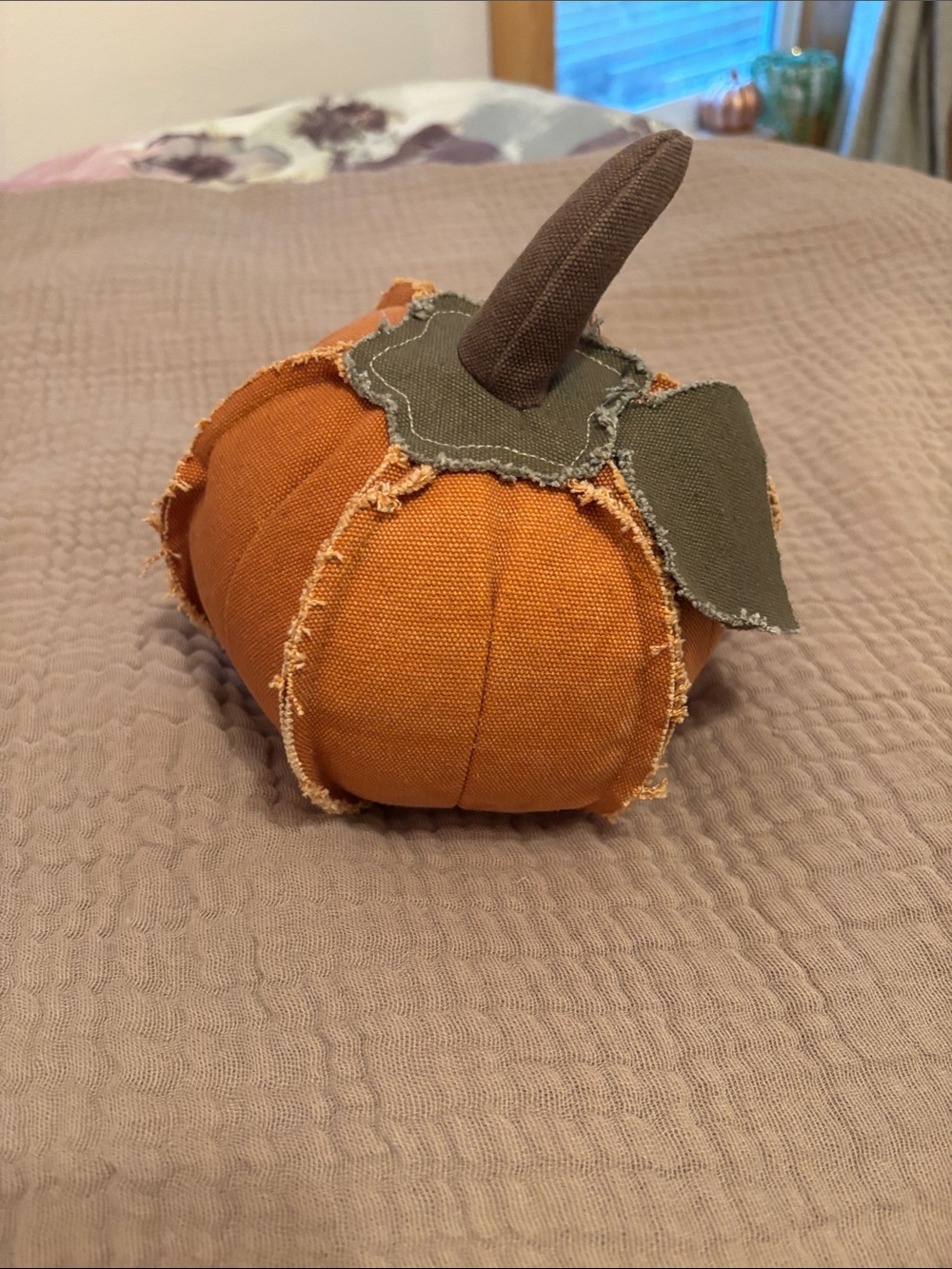 Orange Fabric Pumpkin Accent with Green Leaf and Brown Stem - Home Accents
